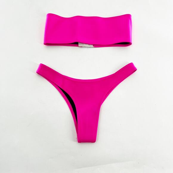 Hoaka Swimwear Neon Pink Strapless Bandeau Bikini 2 Piece Set XS - Picture 2 of 5